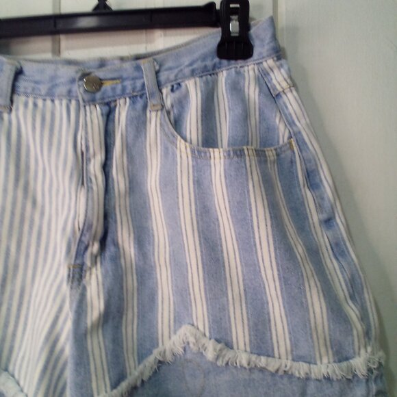 Zanadi Shorts Women 11 12 Denim Vintage High Rise Stripe Spellout Pocket Blue - Picture 6 of 16